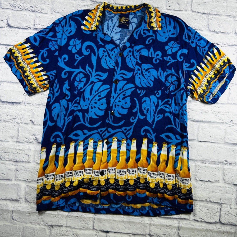 Corona Extra Mens XXL Blue Tropical Beer Bottle Print Rayon Button Up Shirt - Picture 2 of 8
